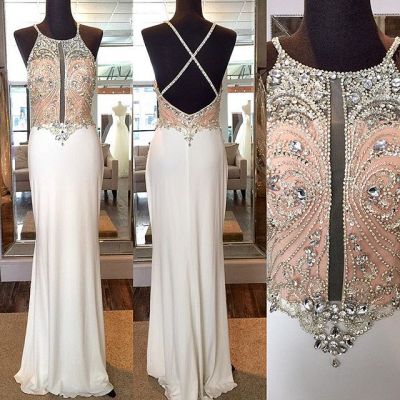 Column Halter-neck Sleeveless Floor-length Evening Dress With Beading