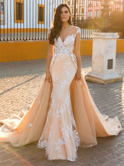 Mermaid V-neck Sweep / Brush Train Bridal Gown With Lace