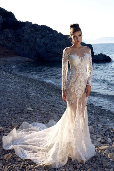 Mermaid Jewel Neck Long Sleeves Chapel Train Lace Wedding Dress With Lace
