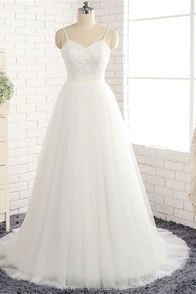 A-line Spaghetti Straps Sleeveless Floor-length Tulle Bridal Dress With Sequins