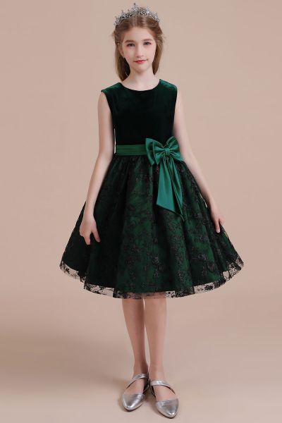 A-line Jewel Neck Sleeveless Knee-length Velvet Flower Girl Dress With Lace