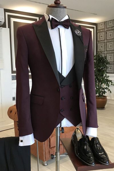 Burgundy Double Breasted Waistcoat Suit with Black Peaked Lapel