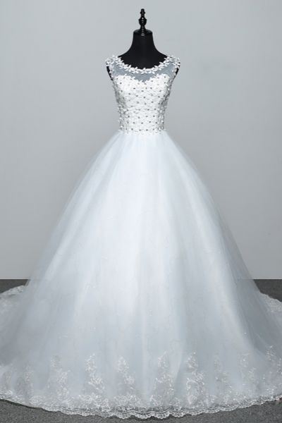 Jewel Neck Sleeveless Floor-length Tulle Bridal Dress With Beading