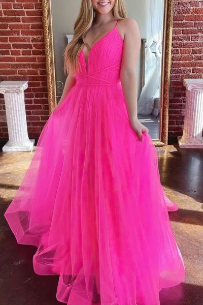 A-line Spaghetti Straps V-neck Sleeveless Floor-length Tulle Evening Gown With Ruffles
