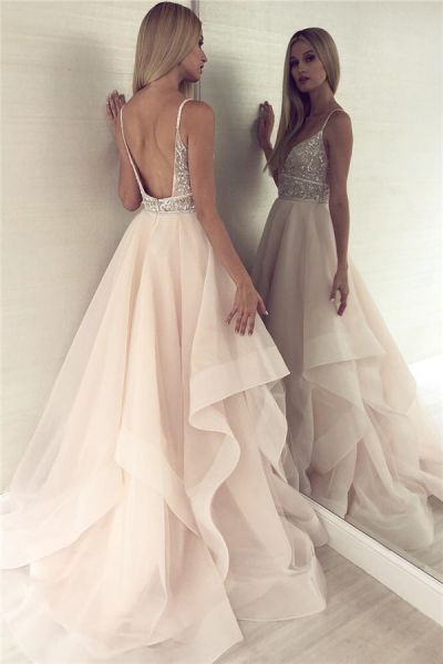 A-line Spaghetti Straps Sleeveless Sweep / Brush Train Tulle Evening Gown With Beading