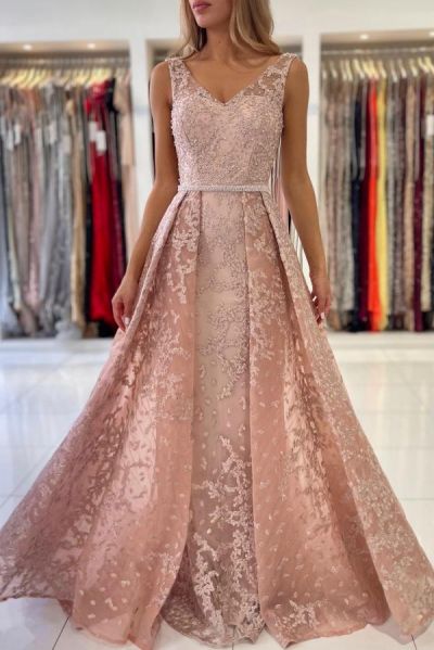 A-line V-neck Sleeveless Floor-length Lace Formal Dress With Ruffles