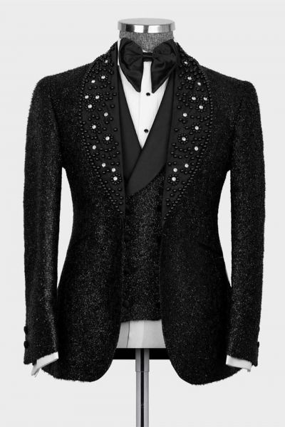 Prom Black Beading Shawl Lapel Three Pieces Men Suit