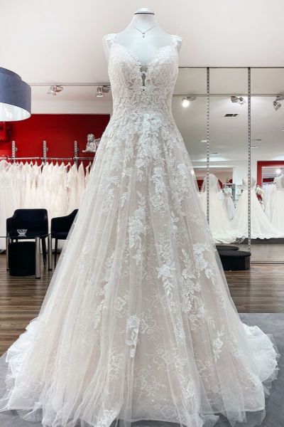 A-line Plunging Neckline Sleeveless Sweep / Brush Train Tulle Wedding Dress With Lace