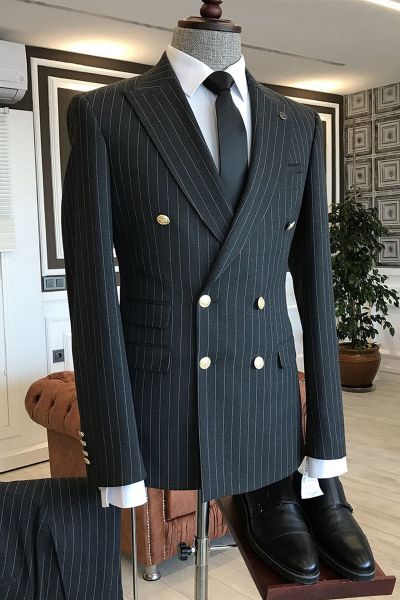 Black Striped Double Breasted Business Suit For Men