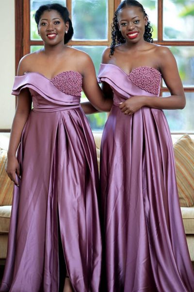 A-line Strapless Sleeveless Floor-length Elastic Silk-like Satin Bridesmaid Dress With Split Front