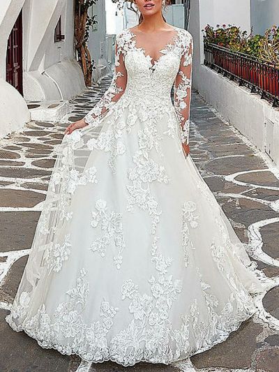 A-line V-neck Long Sleeves Sweep / Brush Train Tulle Wedding Gown With Buttons