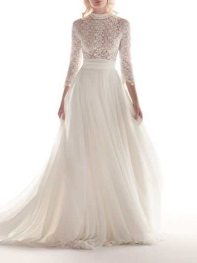 A-line Sweep / Brush Train Lace Bridal Gown With Lace