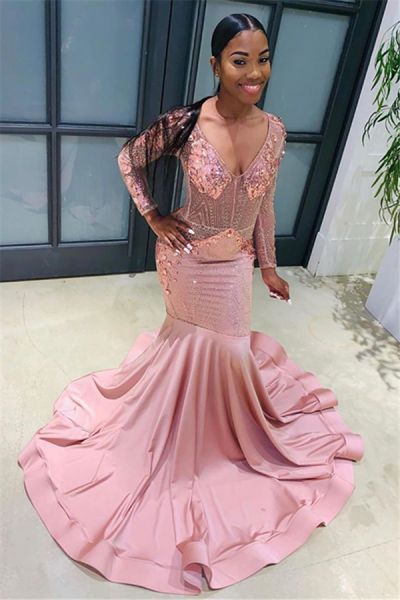 Mermaid V-neck Sweep / Brush Train Evening Gown With Appliques