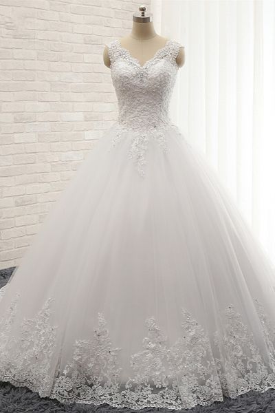 A-line Straps Sleeveless Court Train Tulle Bridal Dress With Appliques