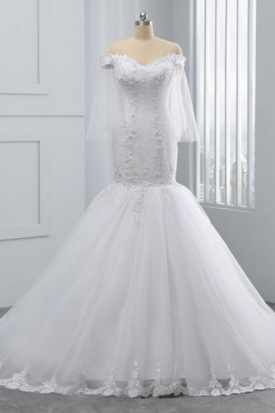 Mermaid Strapless Off-the-shoulder Sweetheart Neck 3/4-Length Sleeves Floor-length Tulle Bridal Attire With Appliques