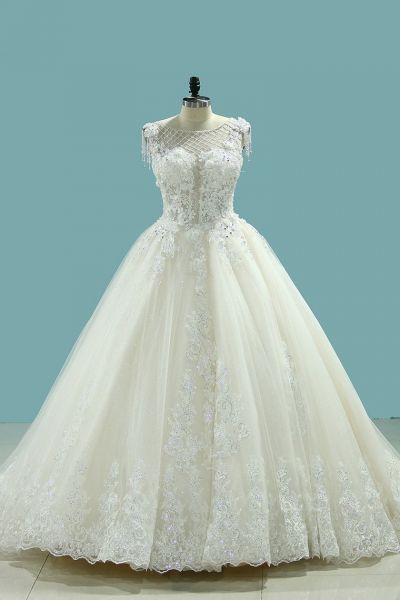 Ball Gown Jewel Neck Sleeveless Floor-length Tulle Wedding Dress With Bow