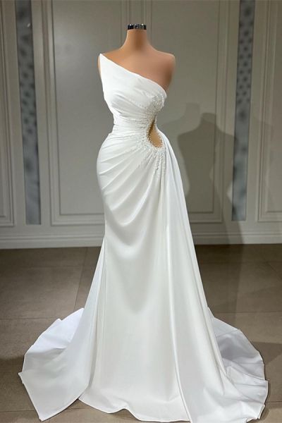 Mermaid One Shoulder Sleeveless Floor-length Stretch Satin Formal Dress With Beading