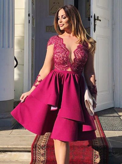 Lace Long Sleeves Homecoming Dress with Short Crystal