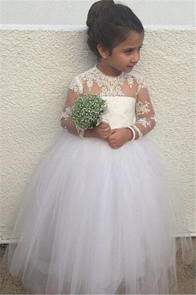 New Long Sleeve Lace Flower Girl Dresses  Tulle Ball Gown Little  Gown