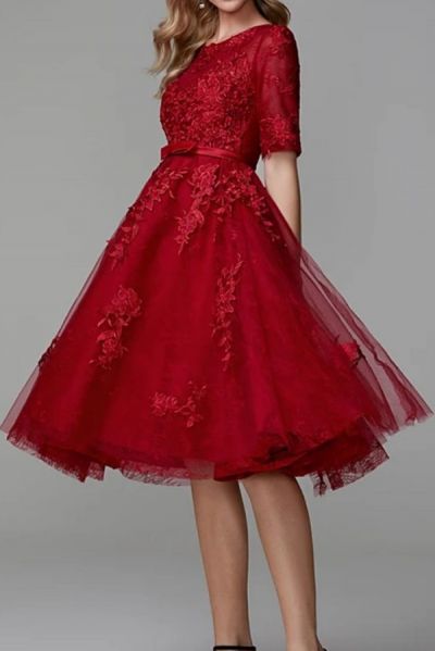 A-line Jewel Neck Short Sleeves Tea-length Tulle Party Dress With Ruffles