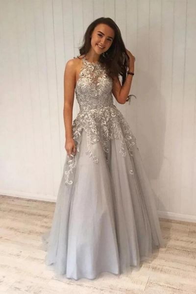 A-line Jewel Neck Long Sleeves Floor-length Tulle Evening Gown With Lace