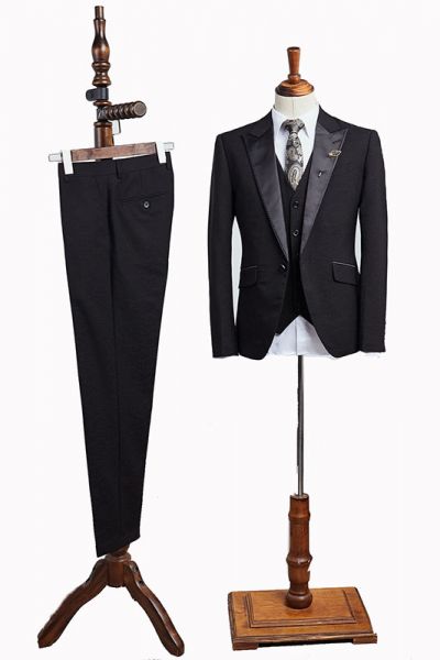 All Black 3 Pieces Peaked Lapel Business Suit