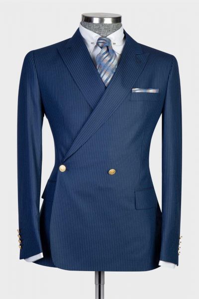 Navy Double Breasted Two Pieces Men Suit with Peaked Lapel