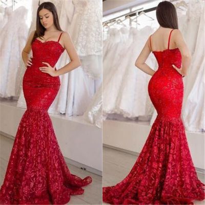 Mermaid Spaghetti Straps Sleeveless Sweep / Brush Train Formal Dress With Lace