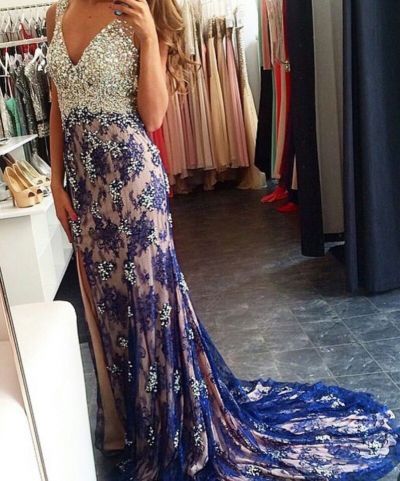 Column V-neck Sleeveless Sweep / Brush Train Evening Dress With Crystal