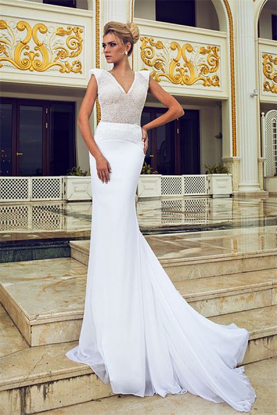 Mermaid V-neck Sleeveless Sweep / Brush Train 100D Chiffon Bridal Gown With Beading