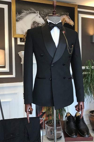 Black Double Breasted Slim Fit Tailored Men Suit