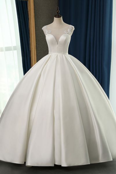 Ball Gown Jewel Neck Sleeveless Floor-length Satin Bridal Dress With Ruffles
