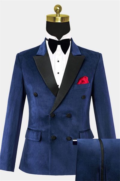 Navy Blue Double Breasted Velvet Prom Suit with Peaked Lapel