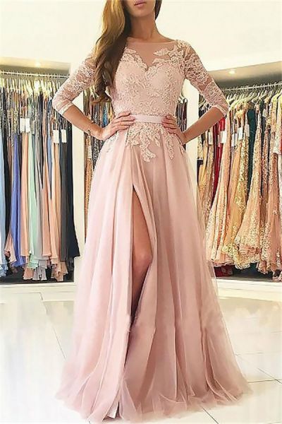A-line V-neck Long Sleeves Sweep / Brush Train Evening Gown With Split Front