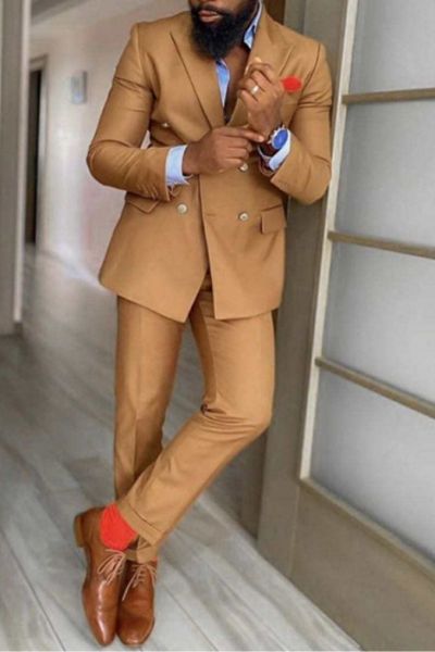Gold Brown Double Breasted Men's Suit with Peaked Lapel for Prom