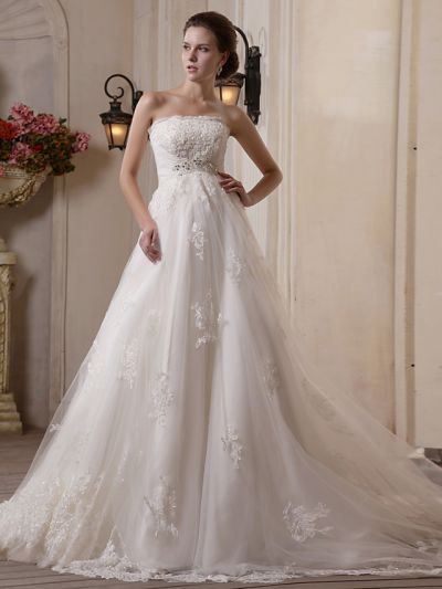 A-line Strapless Sleeveless Tulle Wedding Dress With Chapel Train