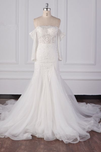Mermaid Strapless Long Sleeves Floor-length Tulle Wedding Dress With Lace
