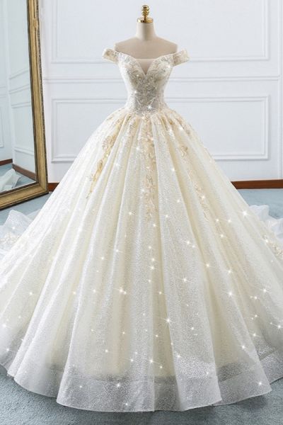 Ball Gown Off-the-shoulder Sweetheart Neck Sleeveless Floor-length Tulle Bridal Dress With Beading