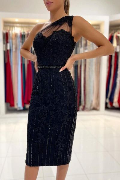Mermaid One Shoulder Sleeveless Knee-length Lace Homecoming Dress With Ruffles
