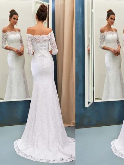 Mermaid Off-the-shoulder Long Sleeves Lace Wedding Gown With Sweep / Brush Train