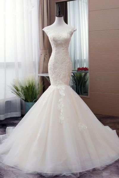 Mermaid Jewel Neck Sleeveless Floor-length Tulle Wedding Dress With Beading