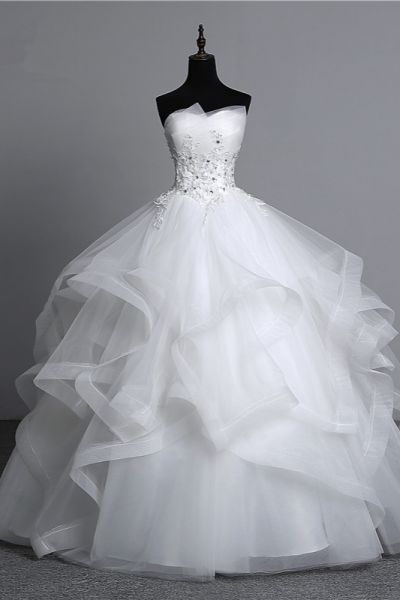 A-line Strapless Floor-length Tulle Bridal Gown With Appliques
