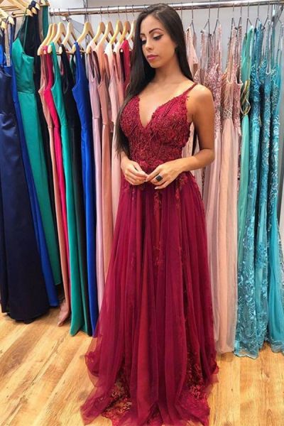 A-line V-neck Sleeveless Court Train Tulle Formal Dress With Beading