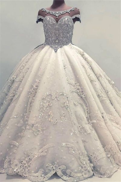 Ball Gown Wedding Dress with Cap Sleeves and  Crystals