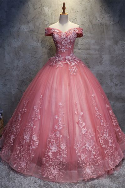Ball Gown Off-the-shoulder Sleeveless Floor-length Tulle Evening Gown With Appliques