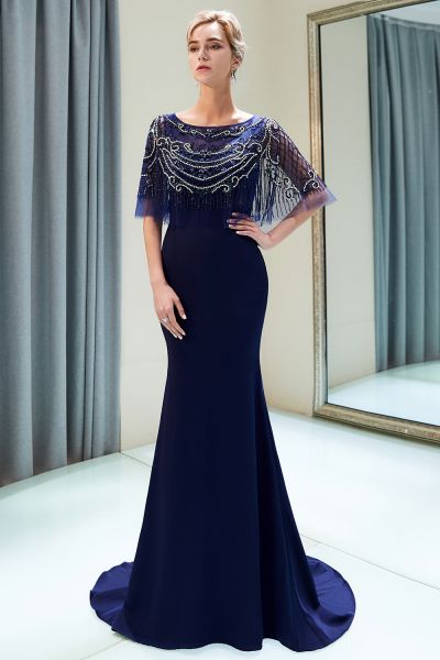 Mermaid Jewel Neck Sleeveless Court Train Stretch Satin Evening Dress With Beading