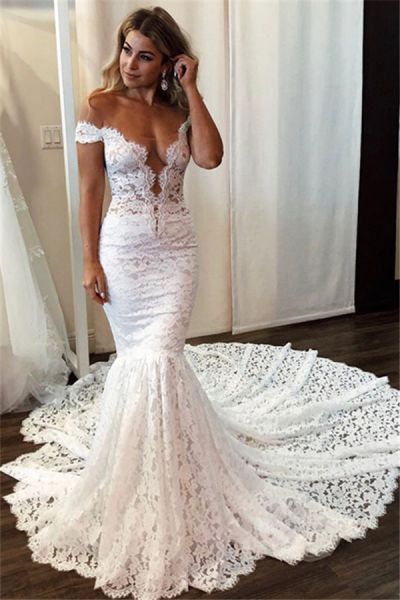 Mermaid Off-the-shoulder Sleeveless Sweep / Brush Train Wedding Gown With Lace