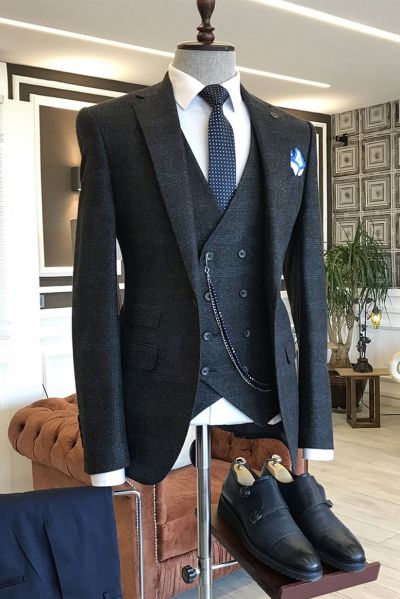 Black Plaid  Bespoke Business Men Suit with Notched Lapel