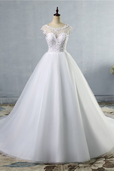 A-line Jewel Neck Sleeveless Floor-length Tulle Wedding Dress With Lace