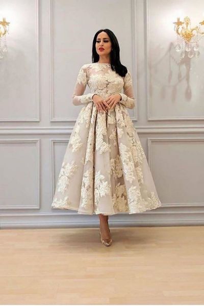 A-line High Neck Long Sleeves Tea-length Lace Party Dress With Lace